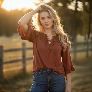 Daytrip Rust Lace-Trim Peasant Top